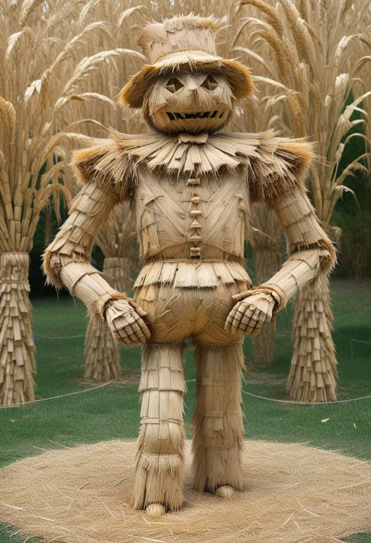 A Statue Of A Great Scarecrow Made Of Straw, In A Tuxedo In...