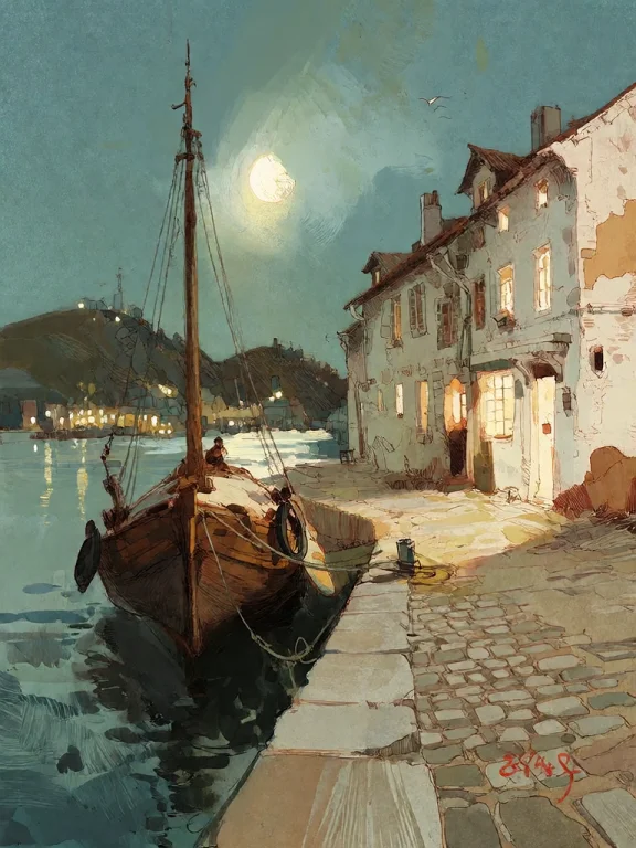 Bradhamel Art Style. A Serene Moonlit Harbor Scene Rendered...