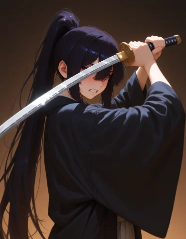A Side View Portrait In Df5tyle Of Kuro Wearing A Kimono And... — Stable Diffusion AI Prompt: A side view portrait in df5tyle of Kuro wearing a kimono and holding a katana. S...