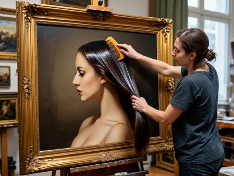 An Artist Leans Into Her Framed Painting, To Comb The Lustro... — Stable Diffusion AI Prompt: An artist leans into her framed painting, to comb the lustrous long hair of the...