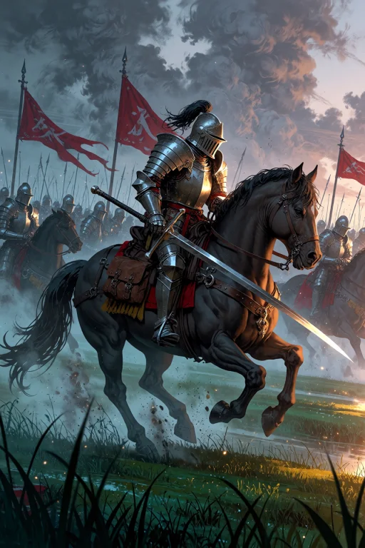 , Knight Riding A Warhorse Across A Foggy Battlefield At Daw...