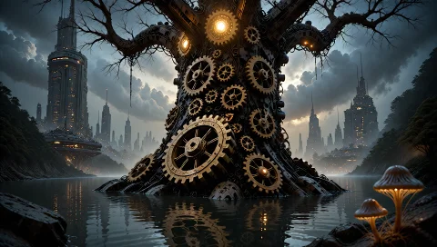 Dark Futuristic Steam Tree — Stable Diffusion AI Prompt: lu1sRoy0, dARk_Fntsy, mk brutal style lu1sRoy0, dARk_Fntsy, mk brutal style mast...