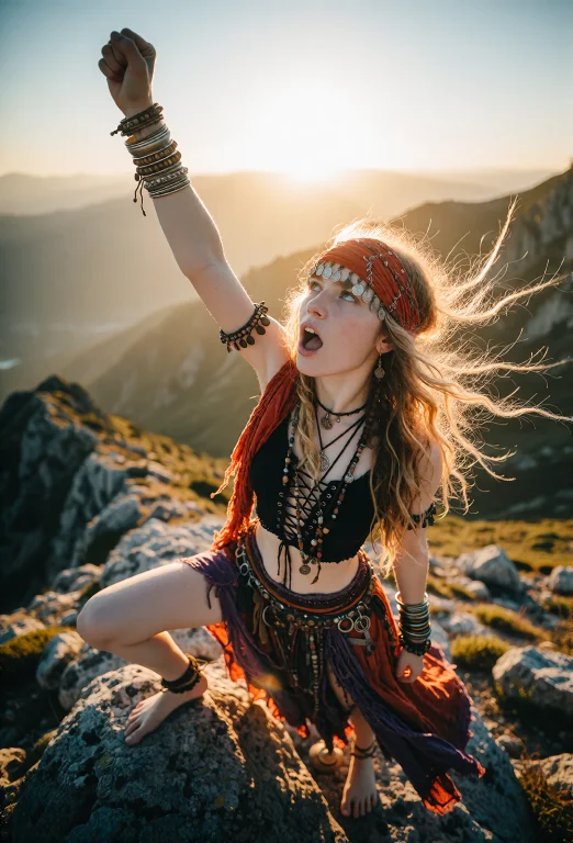 A Striking Wide Shot Of A Young Beautiful Hippie Woman, Slen...