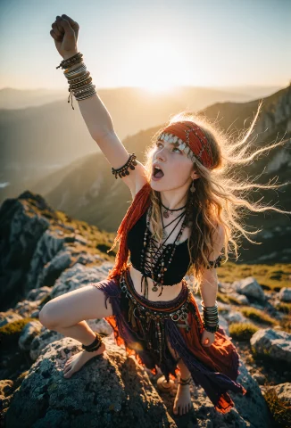 A Striking Wide Shot Of A Young Beautiful Hippie Woman, Slen... — Stable Diffusion AI Prompt: A striking wide shot of a young beautiful hippie woman, slender and athletic wit...