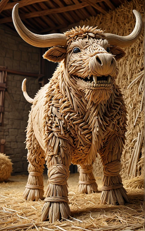 Spanish Straw Bull Sculpture Stands On One Front Leg, Forwar...