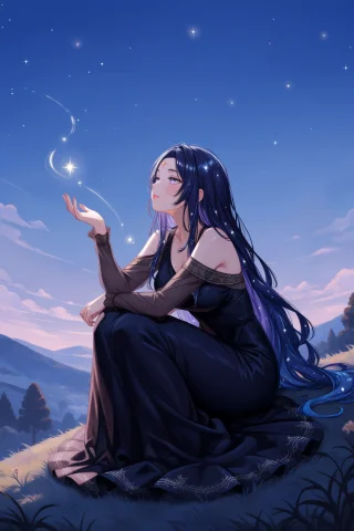 Highres, Absurdres,mafukkoin, Adult, A Star Maiden With Deep... — Stable Diffusion AI Prompt: highres, absurdres,@mafukkoin, adult, A star maiden with deep indigo hair scatte...