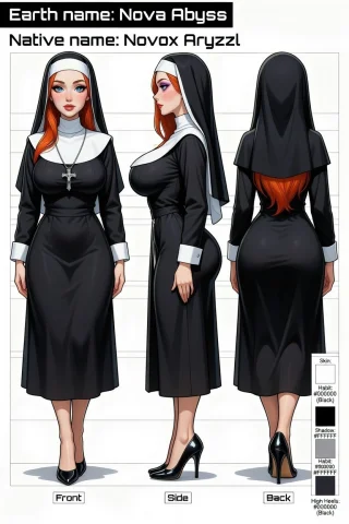 Add A Nun Outfit And Black High Heels To A Model Sheet — Stable Diffusion AI Prompt: Add a nun outfit and black high heels to a model sheet
