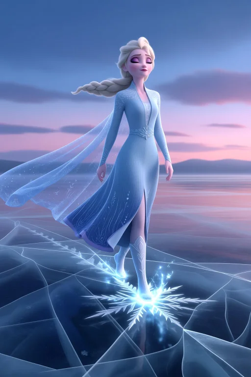 Elsa Walking Across A Frozen Lake At Dusk, Glowing Ice Fract...