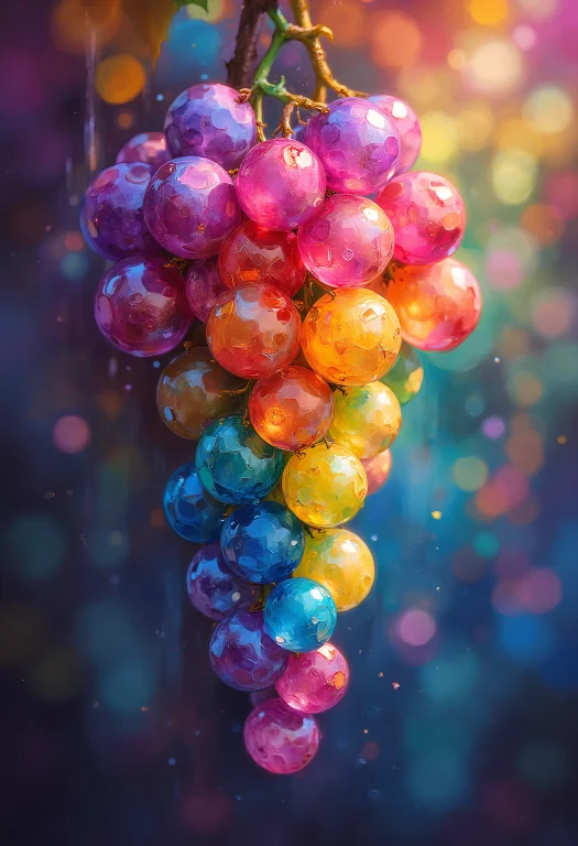 Painterly, Rainbow Colored Grapes, Surreal, Vibrant Glow, Bo...