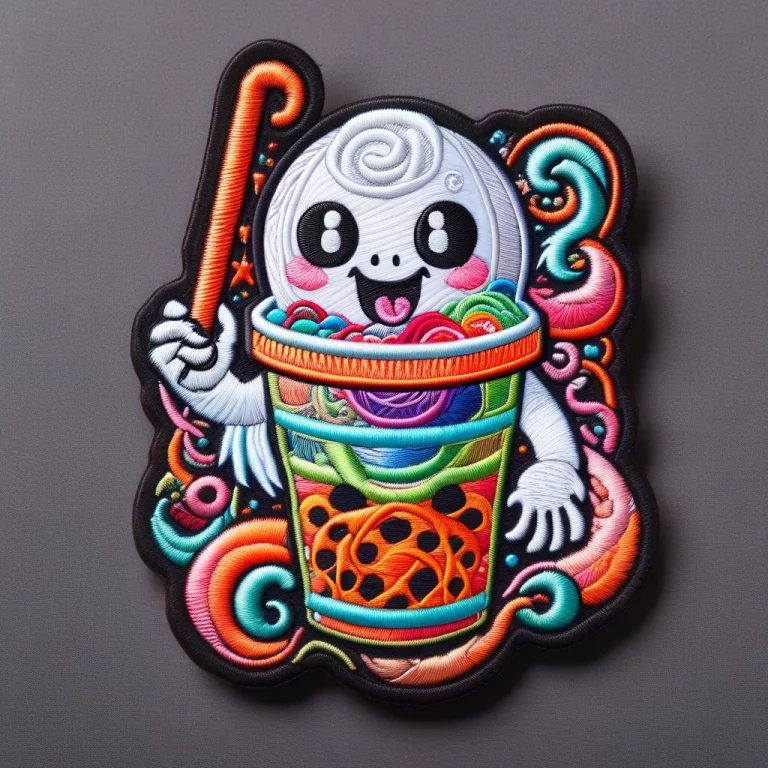 Embroidered Patch Style, A Ghost Sipping Bubble Tea, Stitche...