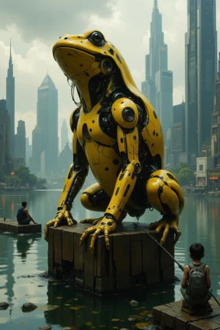 Artilands02, Photo-realistic Rendering Of A Mechanical Frog... — FLUX AI Prompt: artilands02, Photo-realistic rendering of a mechanical frog with vibrant yellow...