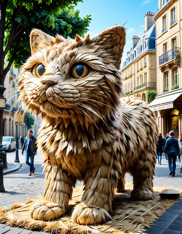 A Giant Cat Walking Through Paris Entirely Made Of Straw, La...