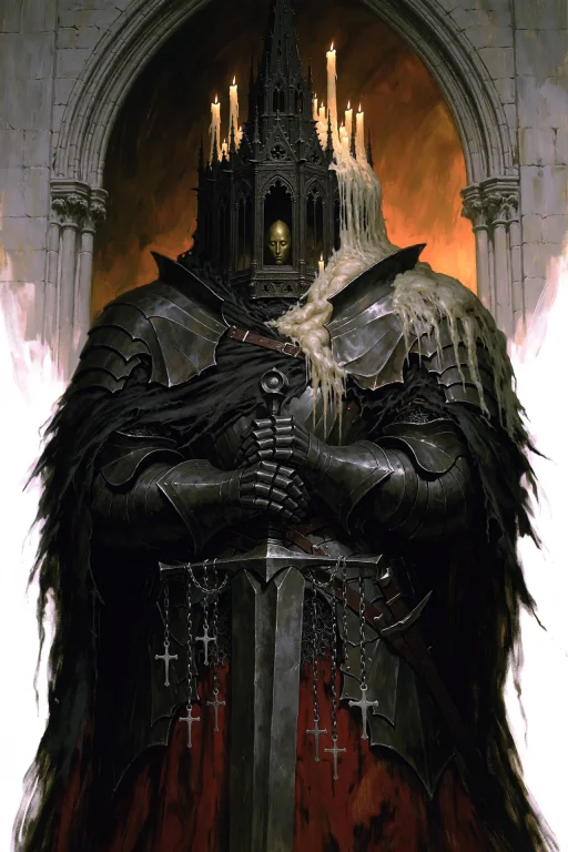 Dcgr1mdrk. A Colossal Armored Figure Dominates The Vertical...