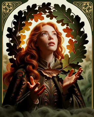 Golden Botanical Dream — Stable Diffusion AI Prompt: A ginger woman rises through a wreath of oak and bittersweet, copper hair coilin...
