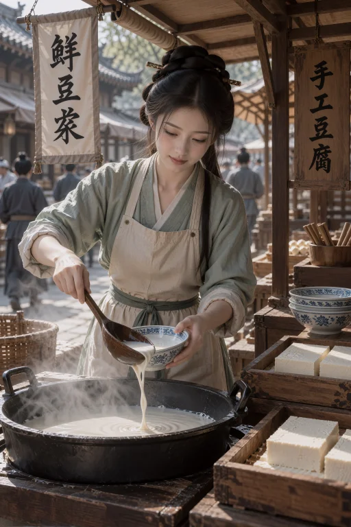 古装,中距离劳动人物画面,一名年轻中国女子站在古街豆腐摊的大...
