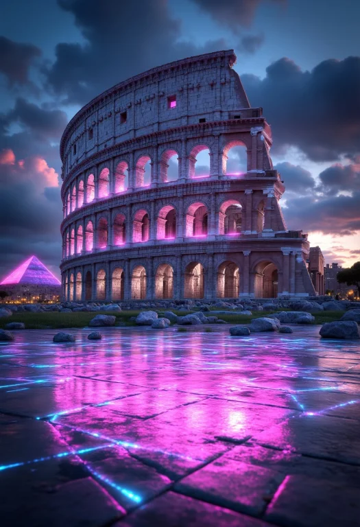 A Colossal Roman Colosseum Bathed In Neon Pink And Electric...