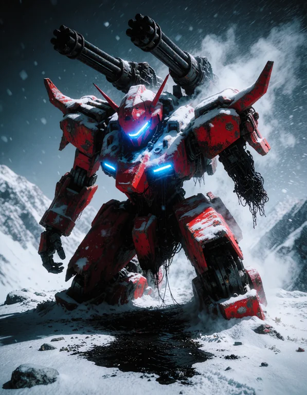 Abandoned Mecha Kneeling On One Knee On A Snowy Summit, Wide...