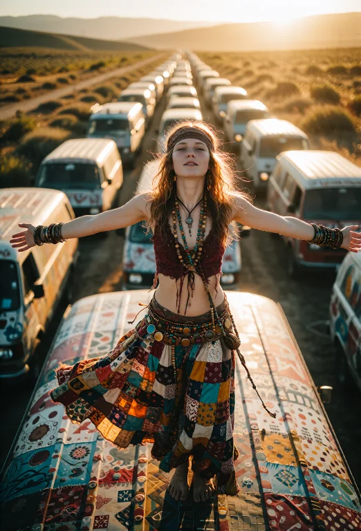 A Sweeping Wide Cinematic Shot Of A Young Beautiful Hippie W...