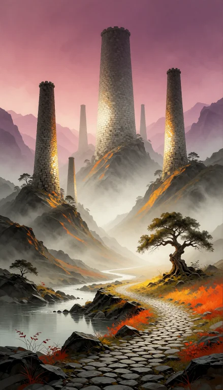 A Digital Painting Depicting A Surreal Valley Landscape Domi...