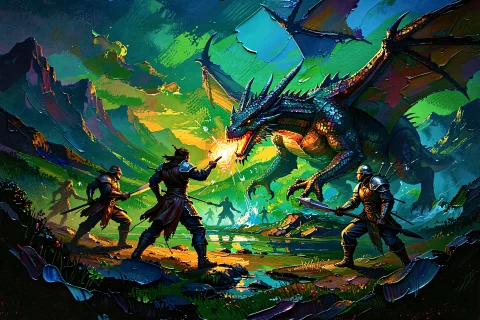 Luminescent Impasto,. A Landscape Composition Shows A Group... — FLUX AI Prompt: Luminescent Impasto,. A landscape composition shows a group of fantasy character...
