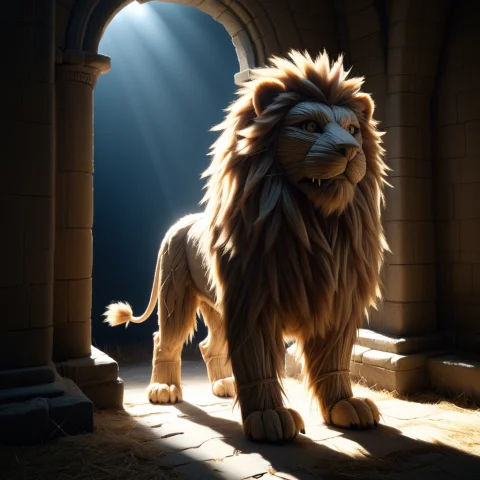 A Lion Made Of Straw Thread, Standing As A Guardian, Entranc... — SDXL AI Prompt: A lion made of Straw thread, standing as a guardian, entrance of an old forgotte...