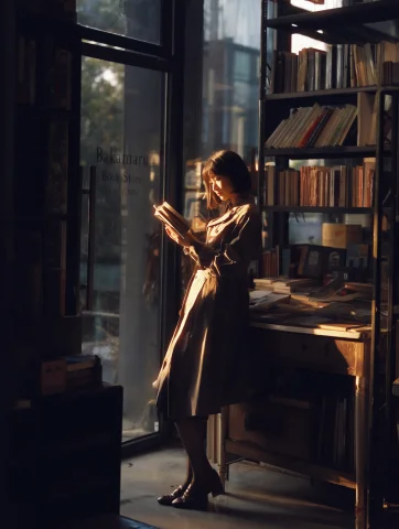 Lunaatlantis, A Photography By Lunaatlantis, Bakamaru Book S... — Stable Diffusion AI Prompt: luna_atlantis, a photography by luna_atlantis, 侧面拍摄一个文艺女青年站在书店的...
