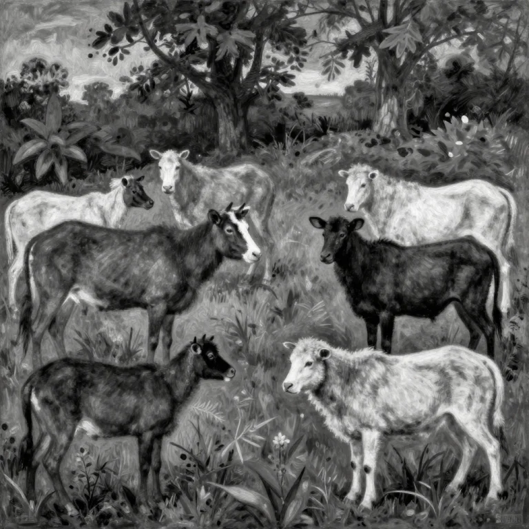 Impressionist Artwork In Black And White, Featuring Animals...
