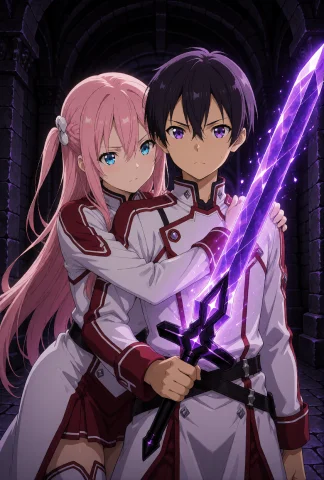 Kirito and Yuuki Artwork Prompt — Stable Diffusion AI Prompt: Kirito and Yuuki from Sword Art Online, humans, Kirito has short dark purple hai...