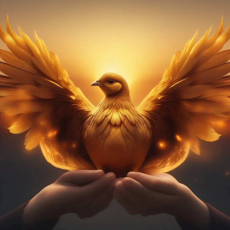 A Phoenix Chick Cupped In Two Glowing Hands, Overcast Light,...
