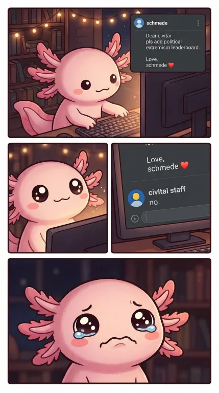 A Cute Axolotl With Dot Eyes In A Dark Room Sitting At A Com...
