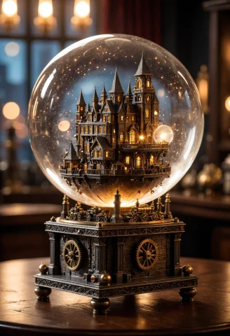 Intricate Glass Orb Containing A Miniature, Steampunk City W... — SDXL AI Prompt: Intricate glass orb containing a miniature, steampunk city with moving gears, st...