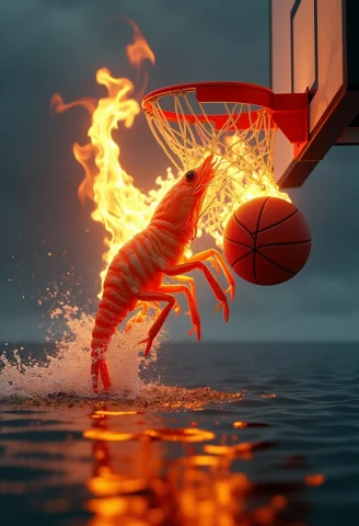 Create A Semi-realistic Scene Of A Shrimp On Fire, Mid-air,... — FLUX AI Prompt: Create a semi-realistic scene of a shrimp on fire, mid-air, dunking a flaming ba...