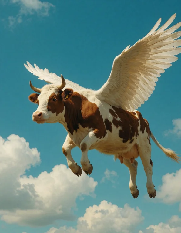 Cow With Wings Flying In The Sky, Blue Sky, Clouds, Cinemati...