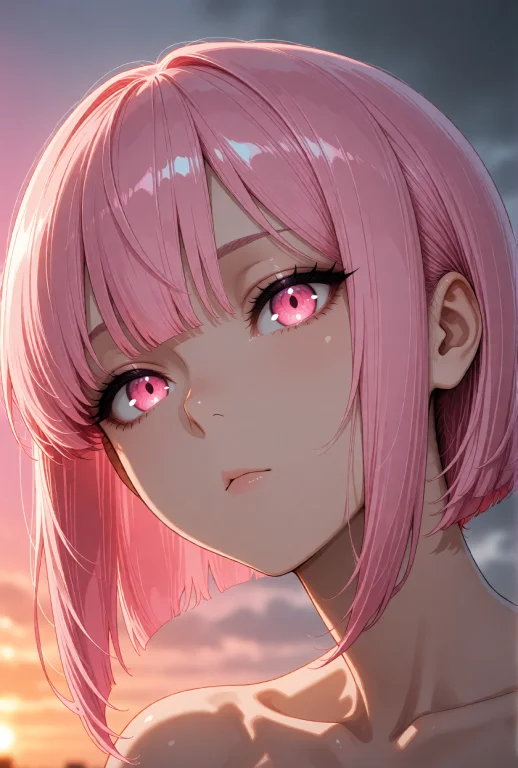 A Young Woman With Pale Skin, Short Pink Hair Styled In A Sl...