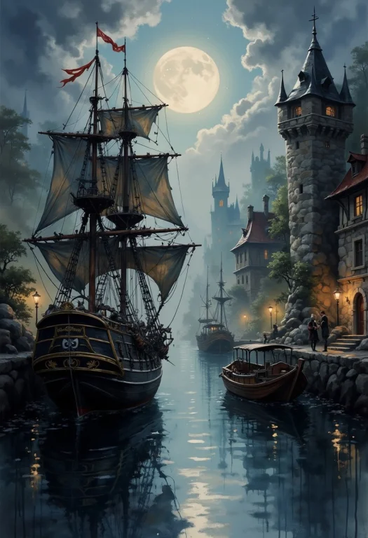 A Dinkfsn Style Ink Wash Painting, Pirate Galleons Moored In...