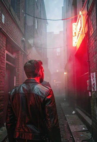 A Leather Jacket Lit By Red Neon In An Alley, Misty Light, 8... — Stable Diffusion AI Prompt: a leather jacket lit by red neon in an alley, misty light, 85mm portrait lens, w...