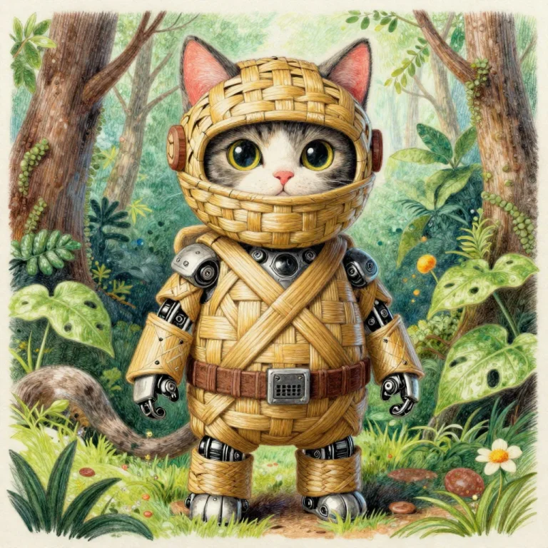 Detailed Colored Pencil Art Style, Robot Ninja Cat Made Of B...