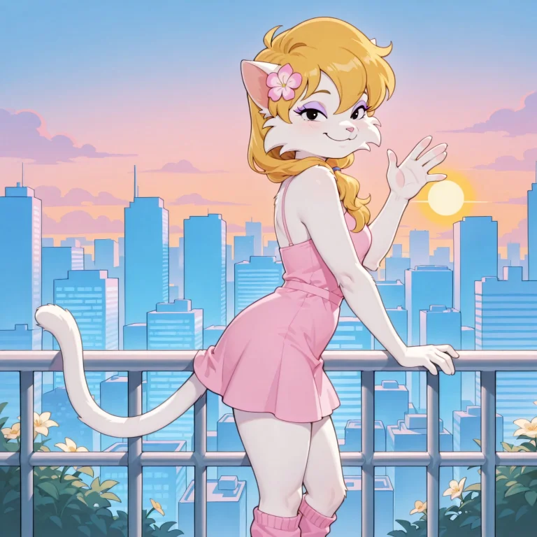 Cat Female, Solo, Curvy, White Fur, Large Yellow Hair, Hair...