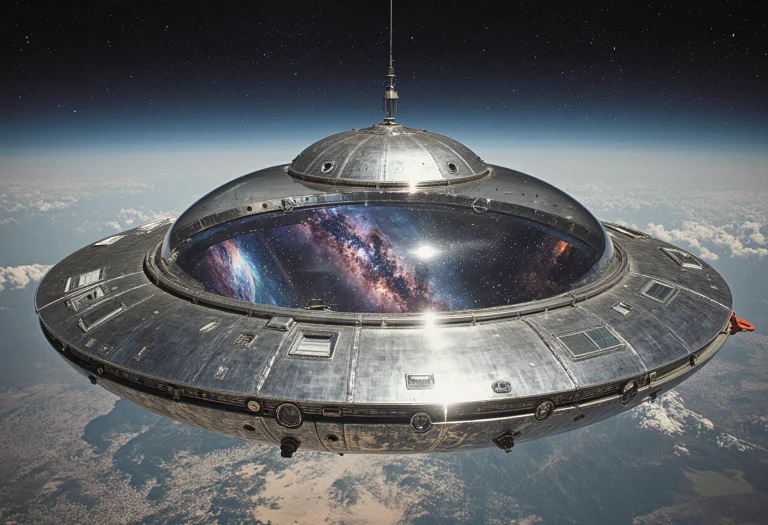 Retro-futuristic, Cinematic Realism, Scenery, A Flying Sauce...