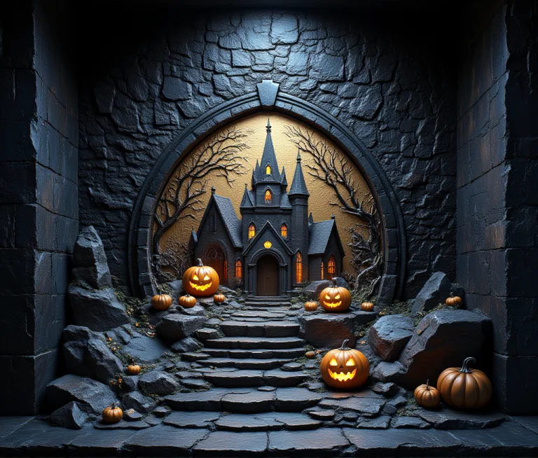 Relief Art Displaying A Halloween. The Relief Is Carved Into...