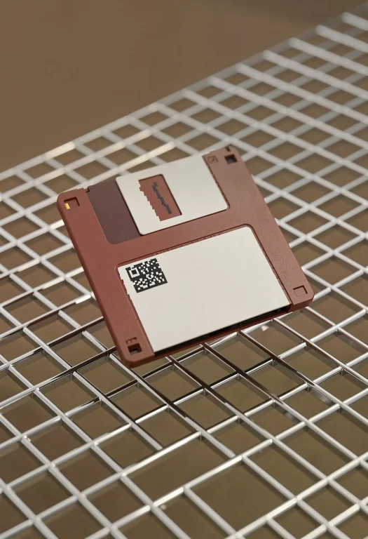 A Floppy Disk Floating Over A Chrome Grid, Pixel Art, Close-...