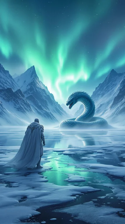 On A Frozen Lake Under The Northern Lights, A Warrior In Whi...