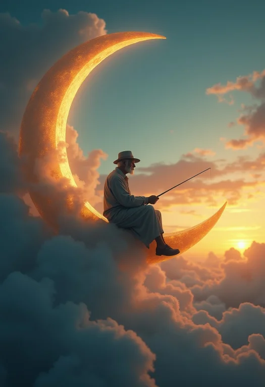 An Old Man Sits Serenely On A Crescent Moon, Fishing Among T...