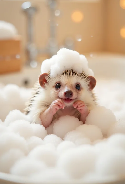 A Small, Adorable Hedgehog In A Cozy, Warm Bath Filled With...