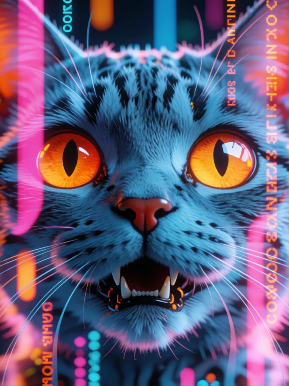 Digital Artwork Of A Close-up, Cybernetic Cats Face With Glo...