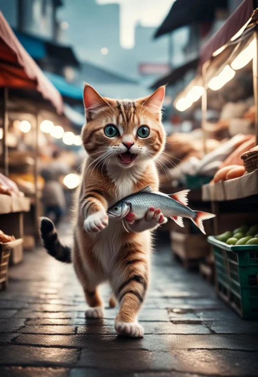 Cinematic Still Of Cat Holding Fish With Paws, Running Away...