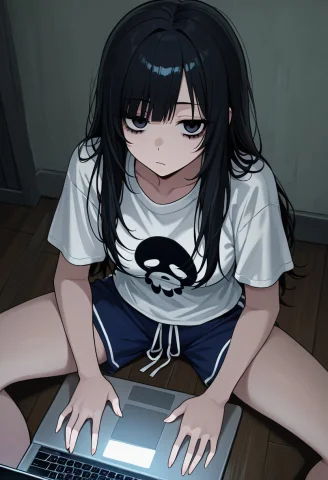 Blackhair, Bored Expression, 1woman, Whiteshirt, Bluegym Sho... — Stable Diffusion AI Prompt: Black_Hair, Bored Expression, 1Woman, White_Shirt, Blue_Gym Shorts, Long Hair, E...