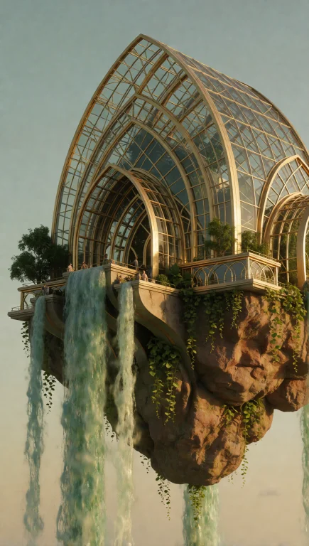 137. Floating Solarpunk Temple, Cascading Hydroponic Waterfa...