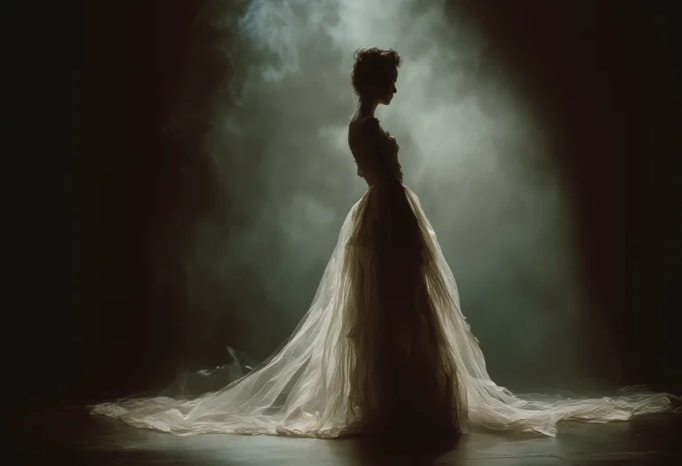 A Gown Of Translucent Fabric Backlit On Stage, Cold Moonlit...