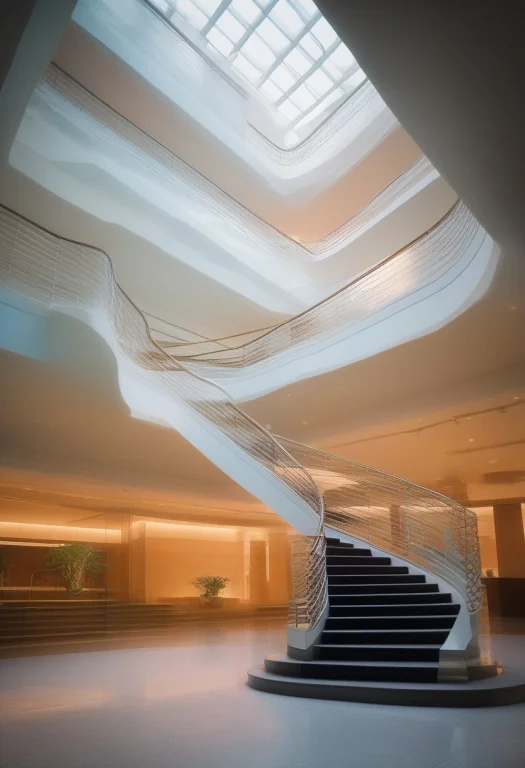 A Spiral Staircase Winding Through An Atrium, Vaporwave Aest...